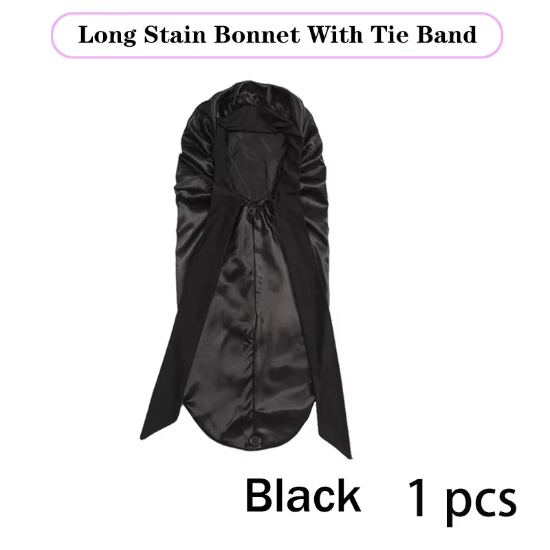 Bonnet de nuit Long en Satin pour femmes noires, couleur unie, Extra Large, avec cravate longue, Bon