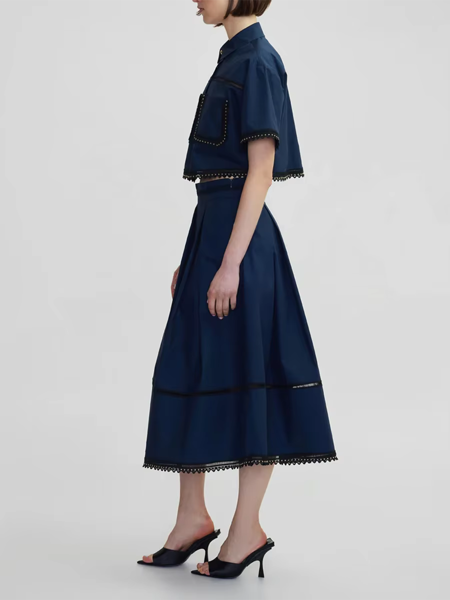 TWOTWurea YLE-Ensemble Deux Pièces pour Femme, Couleur Unie, Revers, Manches Courtes, Taille Haute, 