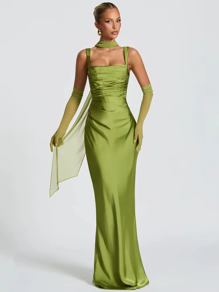 Robe longue en Satin sans bretelles, élégante, Corset vert, dos nu, rose, soirée, anniversaire, mari