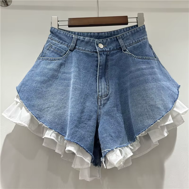 WTHT nouvelle mode femmes Patchwork ourlet lavage Denim Shorts 2025 été à la mode taille haute a-lig