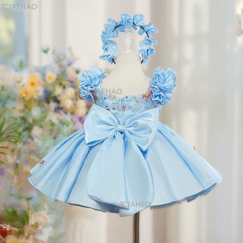 Nouvelle Robe de Princesse Bleue pour Enfants à Manches Volantes, Robe de Demoiselle d'Honneur pour