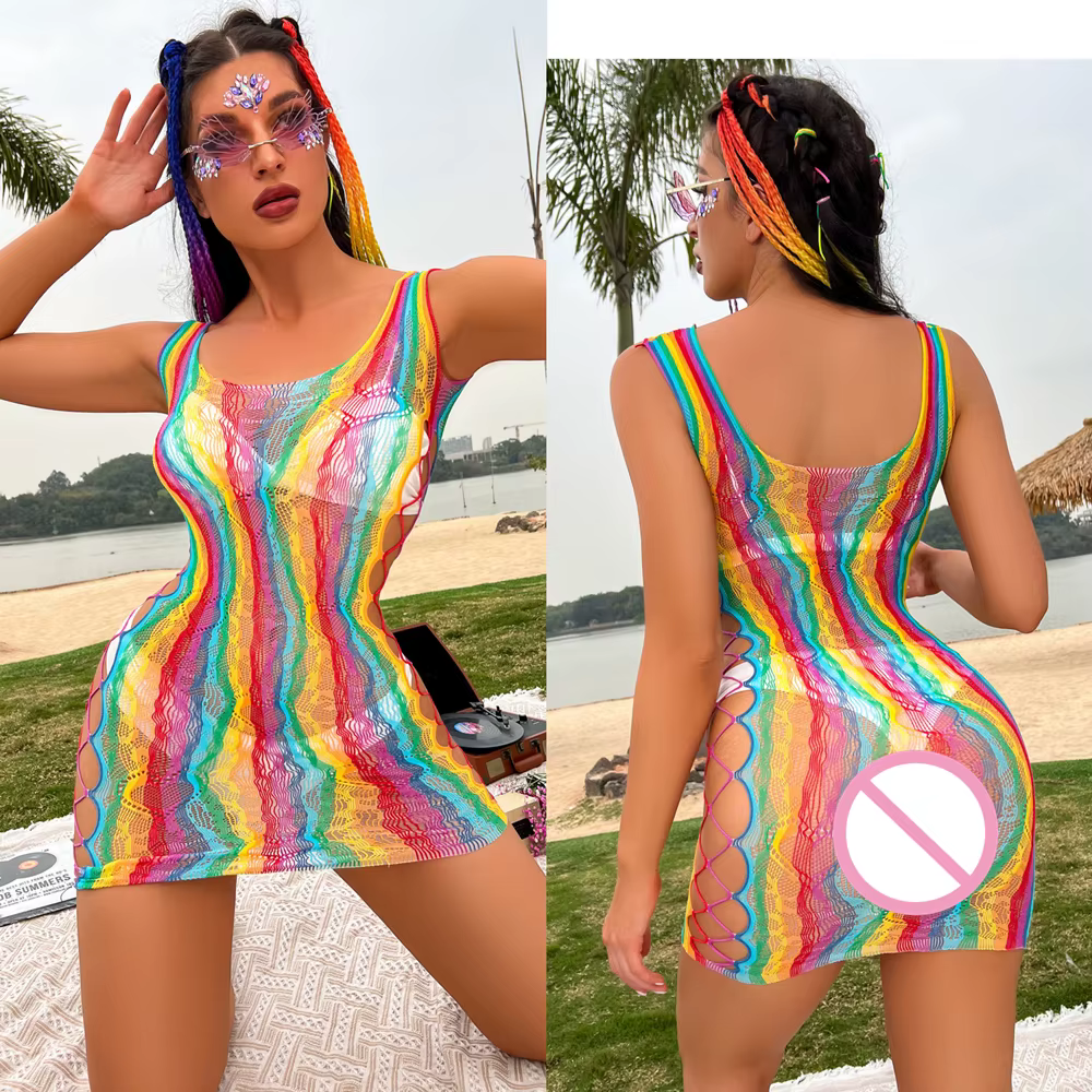 Body en résille arc-en-ciel pour femmes, haut tubulaire, transparent, bas en maille ajourée, Lingeri