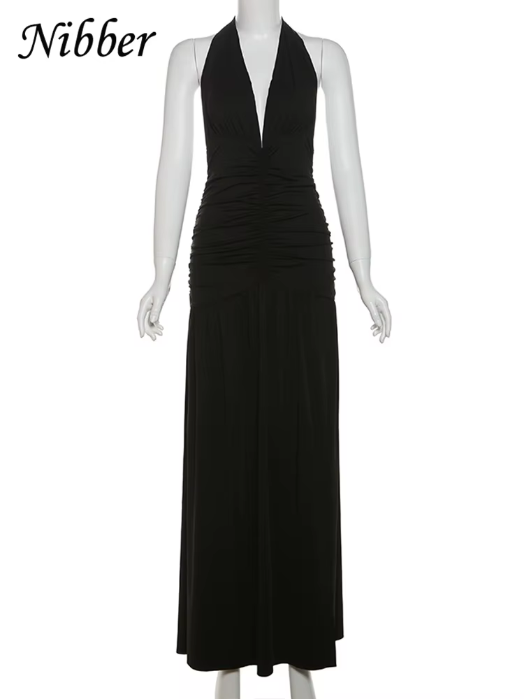 Nibber-Robe Longue Élégante pour Femme, Couleur Unie, Hipster, Col en V, Dos aux, Froncée, Fente Lat