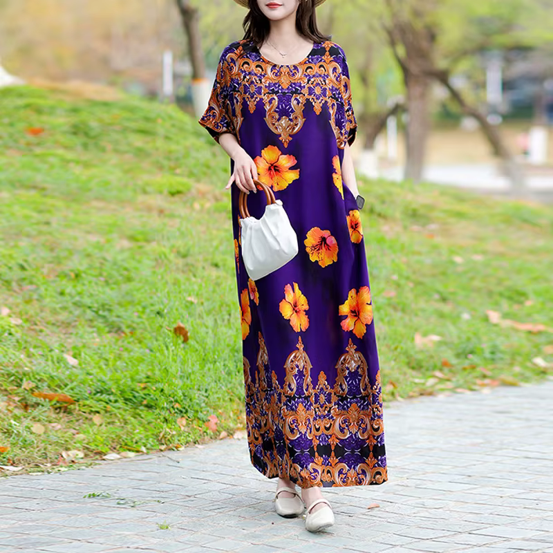 Vintage imprimé fleuri Robe Maxi femmes Boho à manches courtes longues ceintures Robe grande taille 