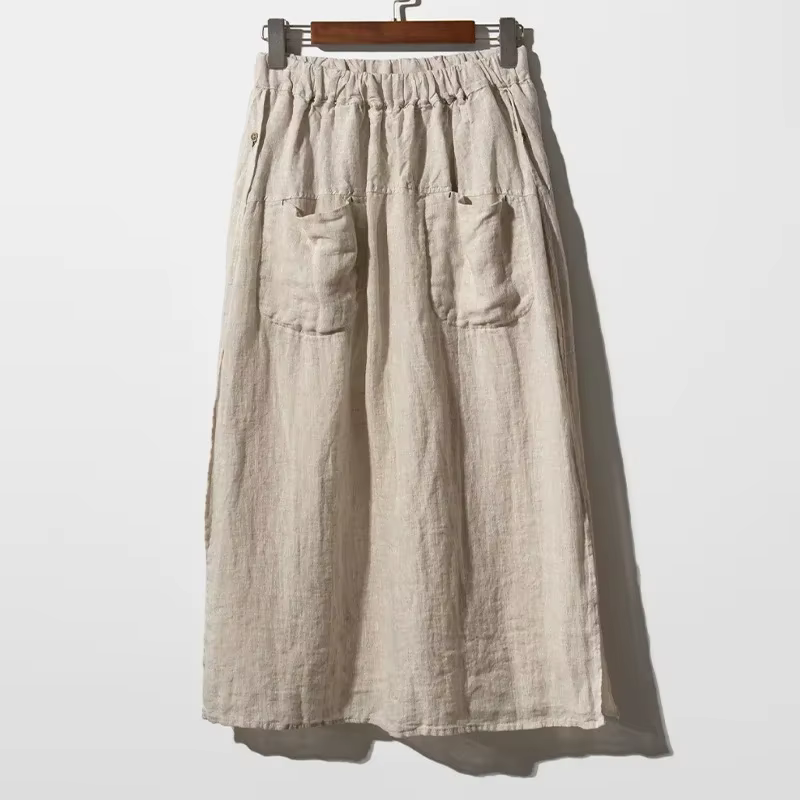 Pantalon d'été vintage pour femme 100% lin, coupe large, style jupe, avec poches, taille haute élast