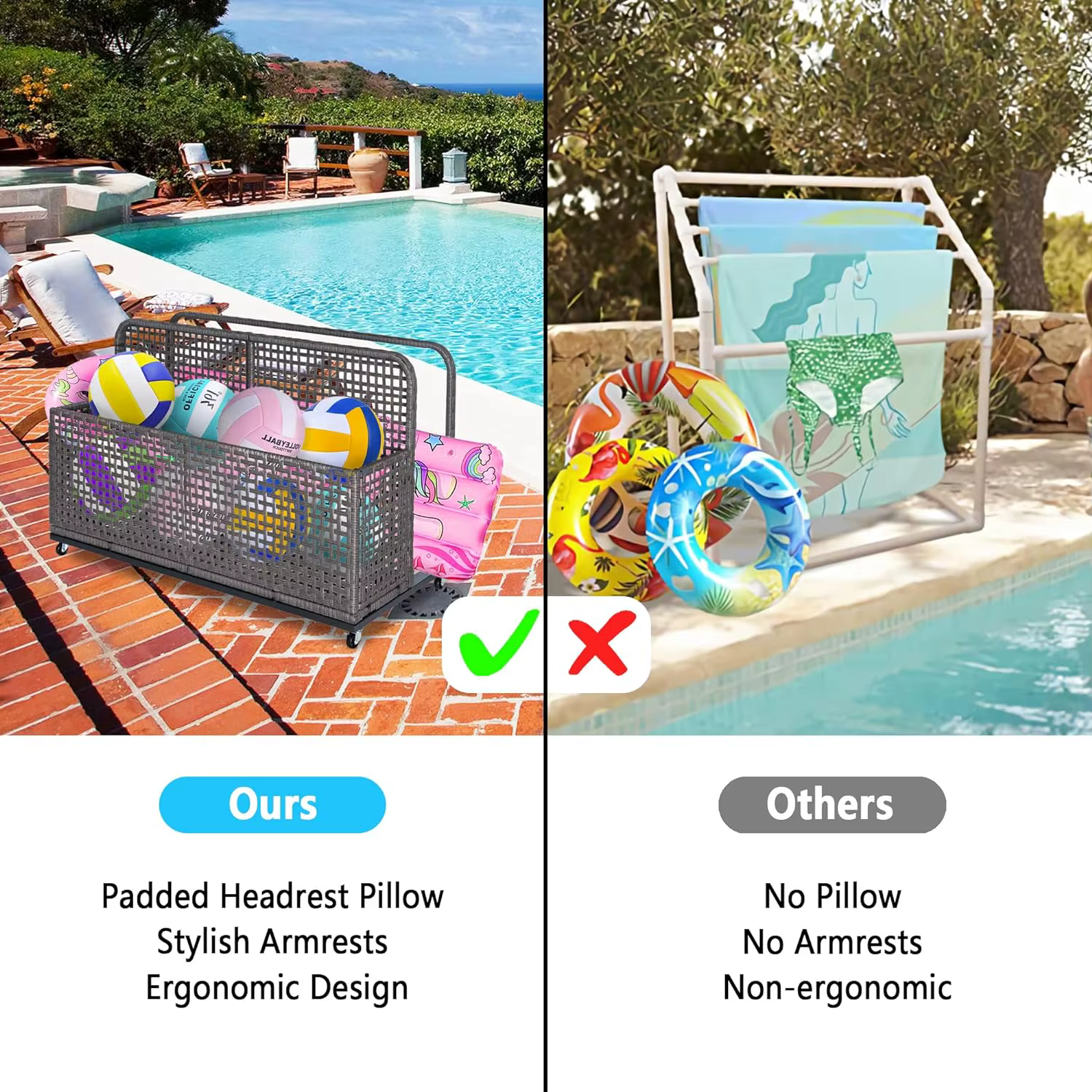 Mir de rangement pour flotteurs au bord de la piscine, caddie de piscine extérieur en rotin PE avec 