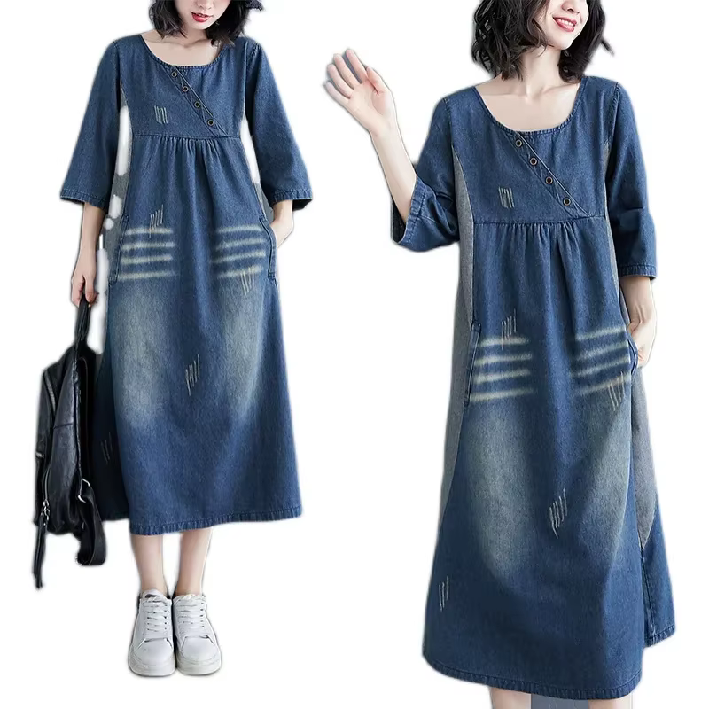 Robe en denim vintage pour femme, patchwork simple, longueur genou, rayures Wiltshire, manches trois