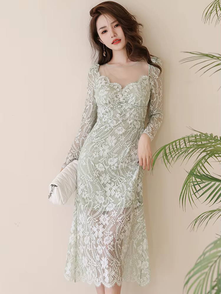 Robe maxi en dentelle transparente pour femme, robe de soirée, robe de vacances, dentelle transparen