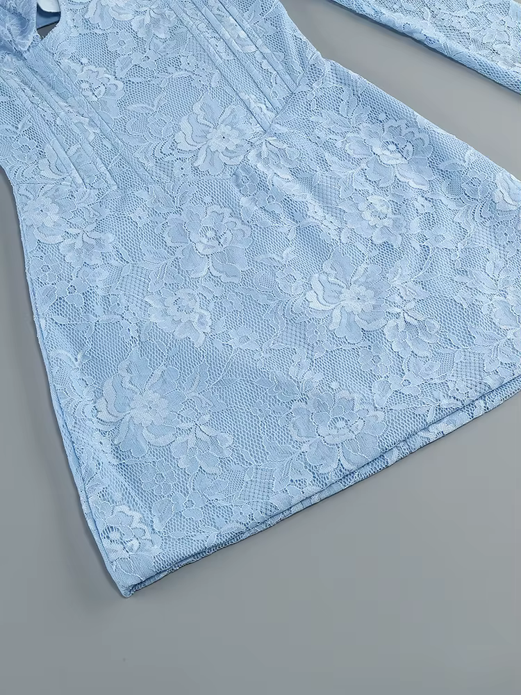 Mini robe dos nu à manches longues pour femmes, dentelle bleue découpée sexy, tambour lourd, robes c