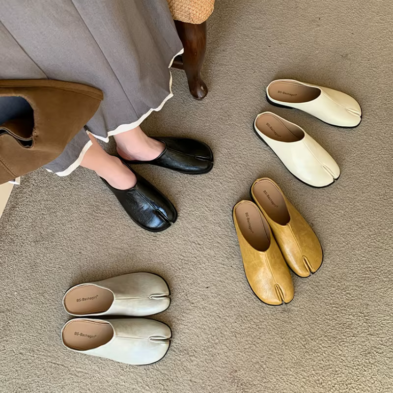 Bailamos-Pantoufles en fourrure fendue pour femmes, mules à bride arrière, chaussures plates, mocass