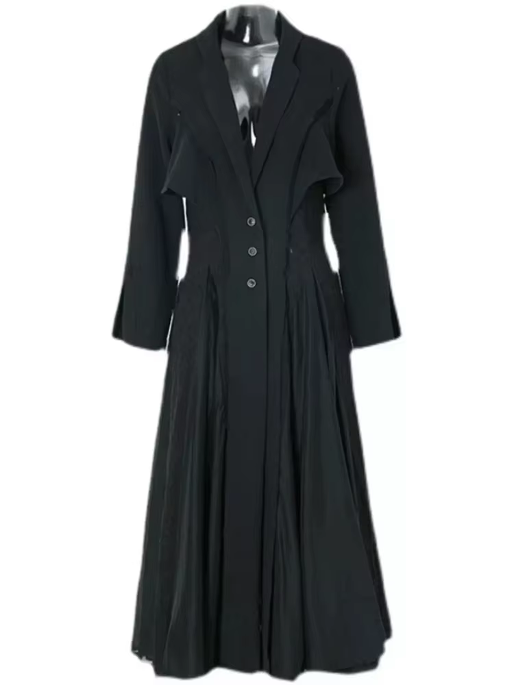 Lautaro automne Long mince coupe fluide et évasé manteau en lin pour les femmes noir élégant Chic lu