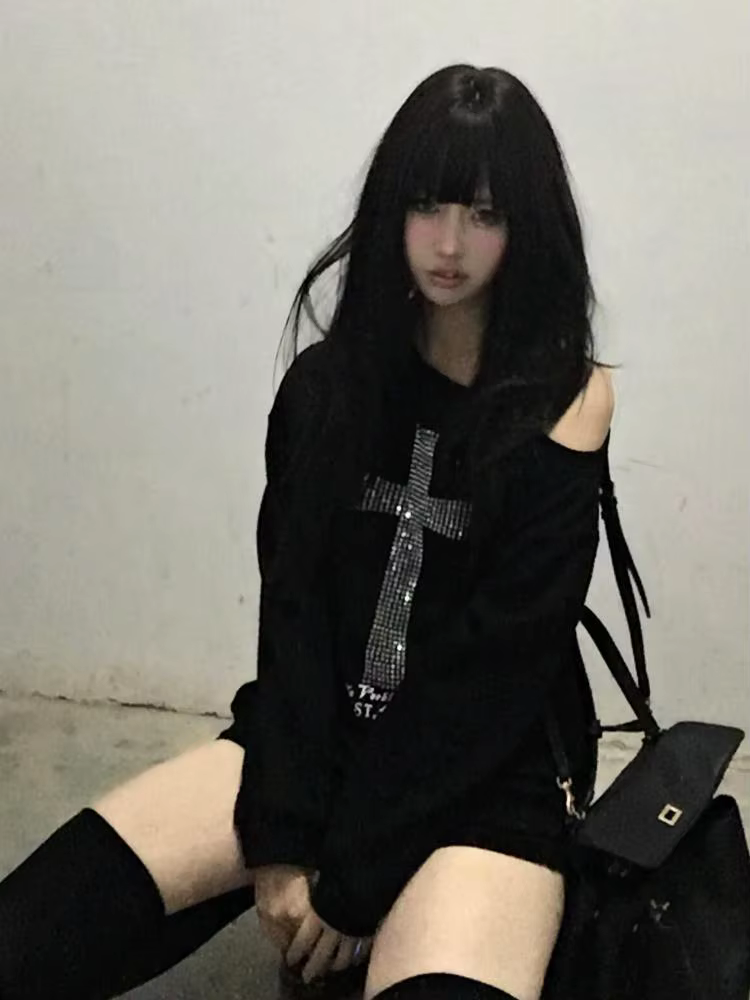 Sweat-shirt à capuche noir à manches longues pour femme, vêtement Harajuku Grunge des années 2000, a