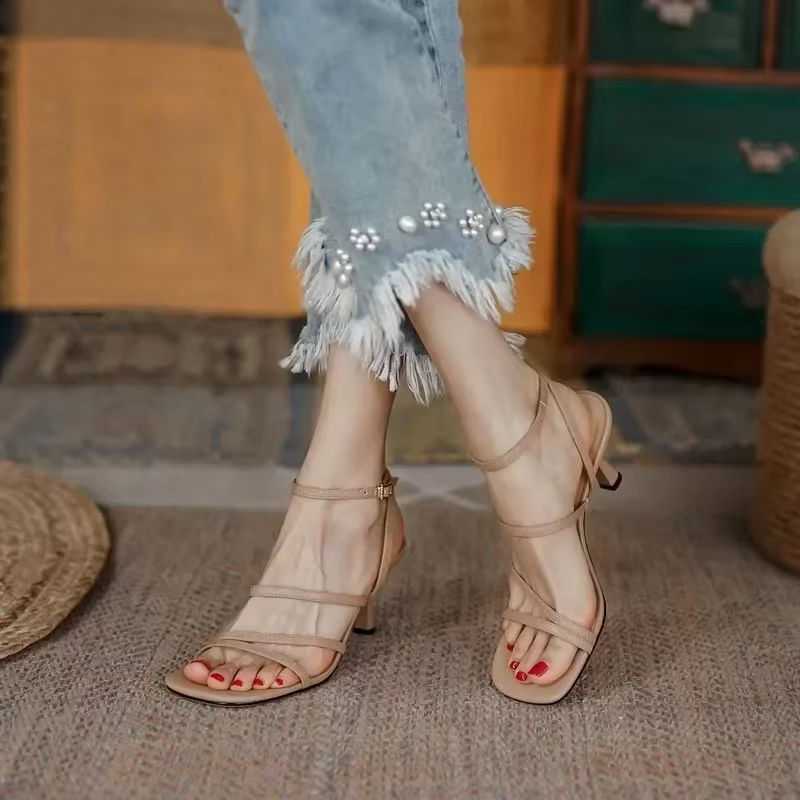 Sandales d'été à lanières de cheville pour femmes, chaussures de soirée Sexy à talons hauts, noir, j