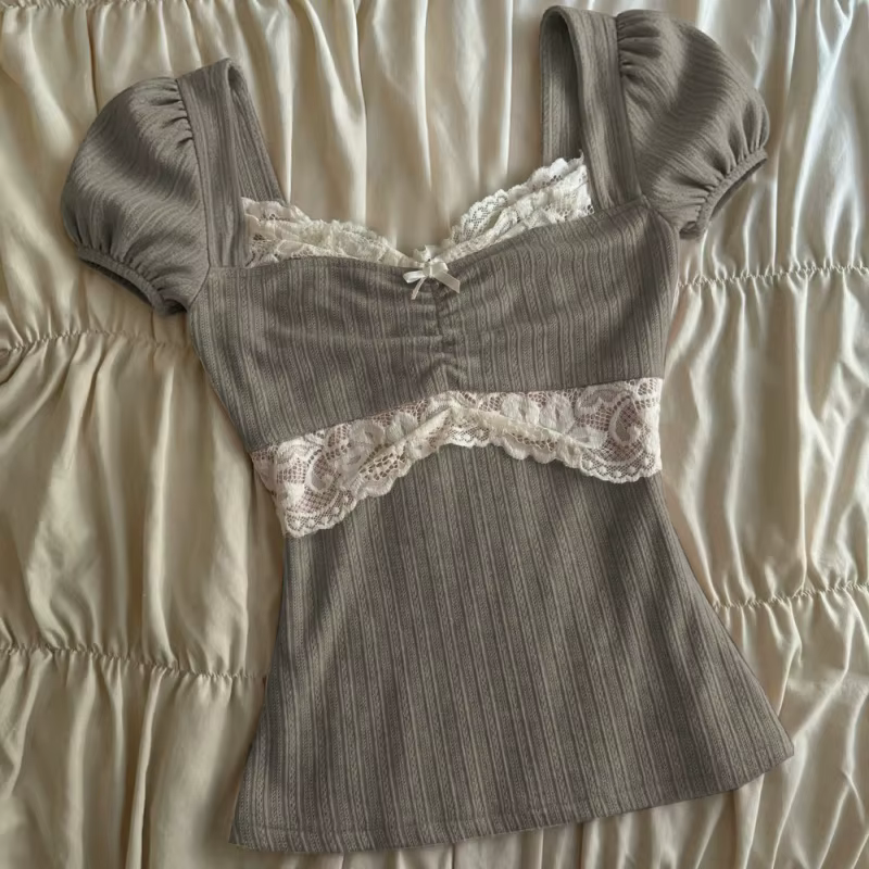 Hauts Y2K Grunge à manches courtes pour femmes, chemise estivale en dentelle patchwork, style coquet