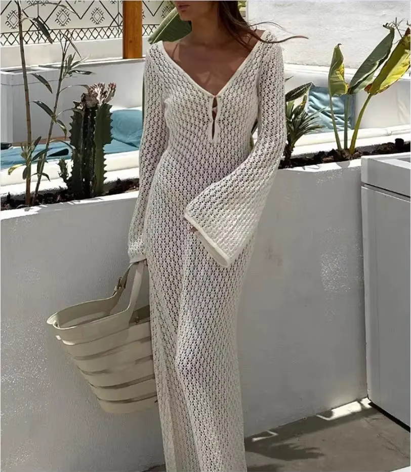 Robe de plage longue en tricot pour femmes, Sexy, ajourée, décolleté en v profond, manches longues, 