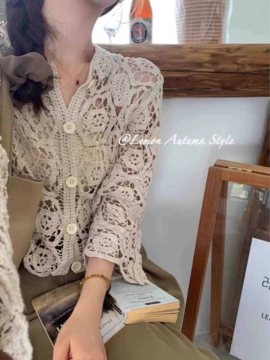 Manches longues Crochet haut en tricot plage Bikini couvrir boutonné Cardigan Blouse femmes blusas p