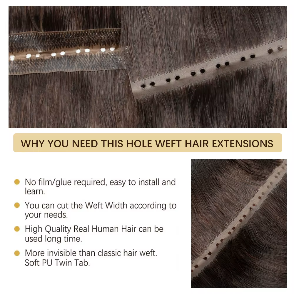 Extensions de cheveux naturels Butterfly Weft, invisibles, en PU plat avec trous, double languette,
