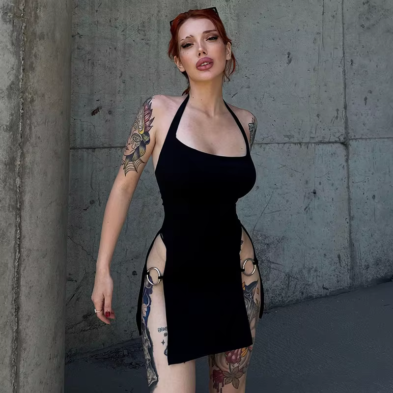 Robe Sexy pour femmes, élégante, sans manches, boucle d'anneau, fente haute, découpe, robes de boîte
