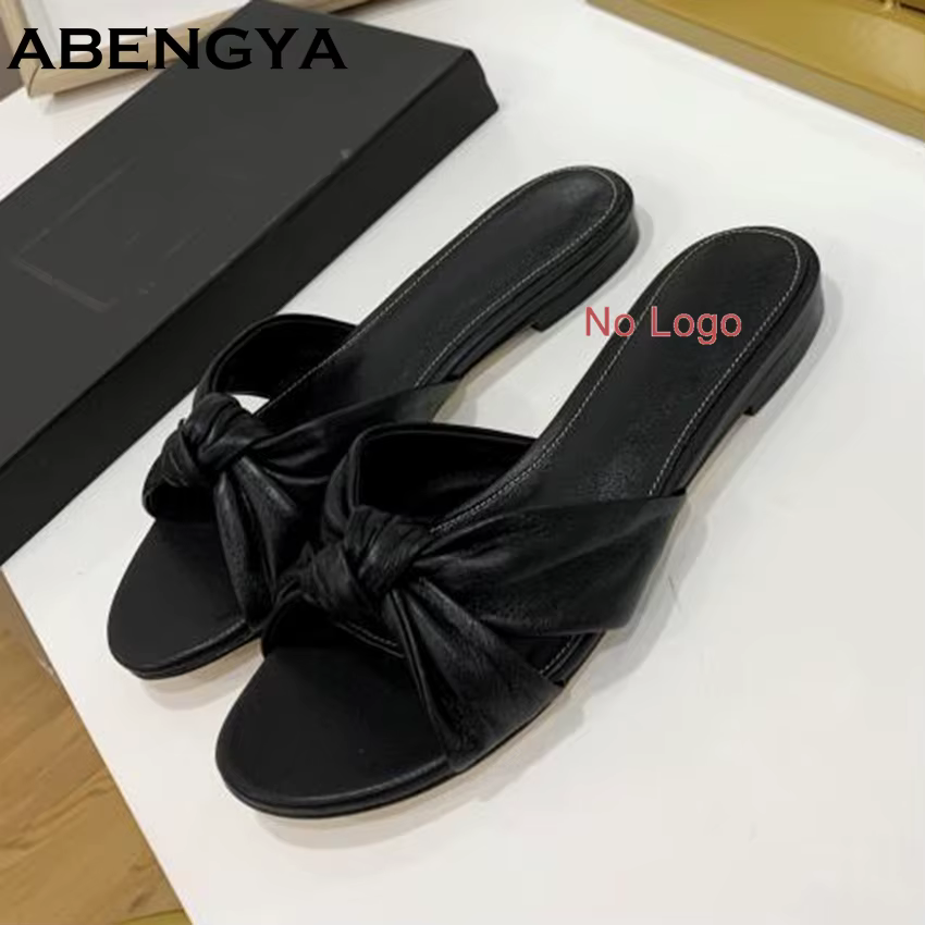New Leather Flat Slippers Women Peep Toe Slides Summer Holiday Beach Shoes Woman Dress Slippers Wome