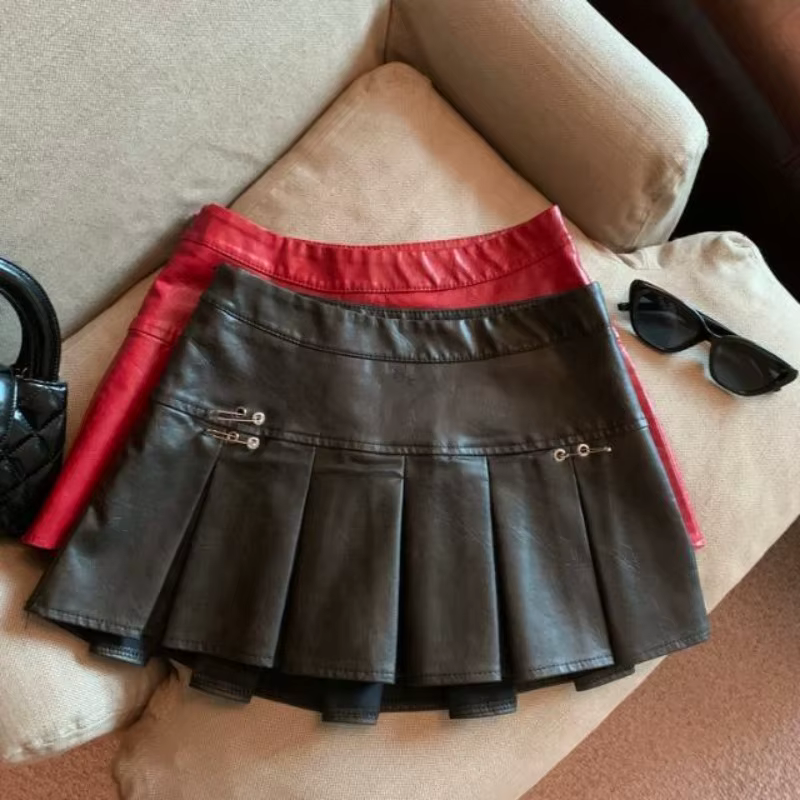 Jupe plissée en cuir PU américain pour femmes, Mini jupe Slim taille haute, rouge et noir