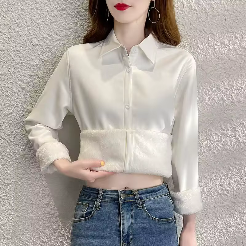 Chemise en Velours Côtelé à Manches sulfpour Femme, Vêtement Chaud et Décontracté, de Couleur Unie,