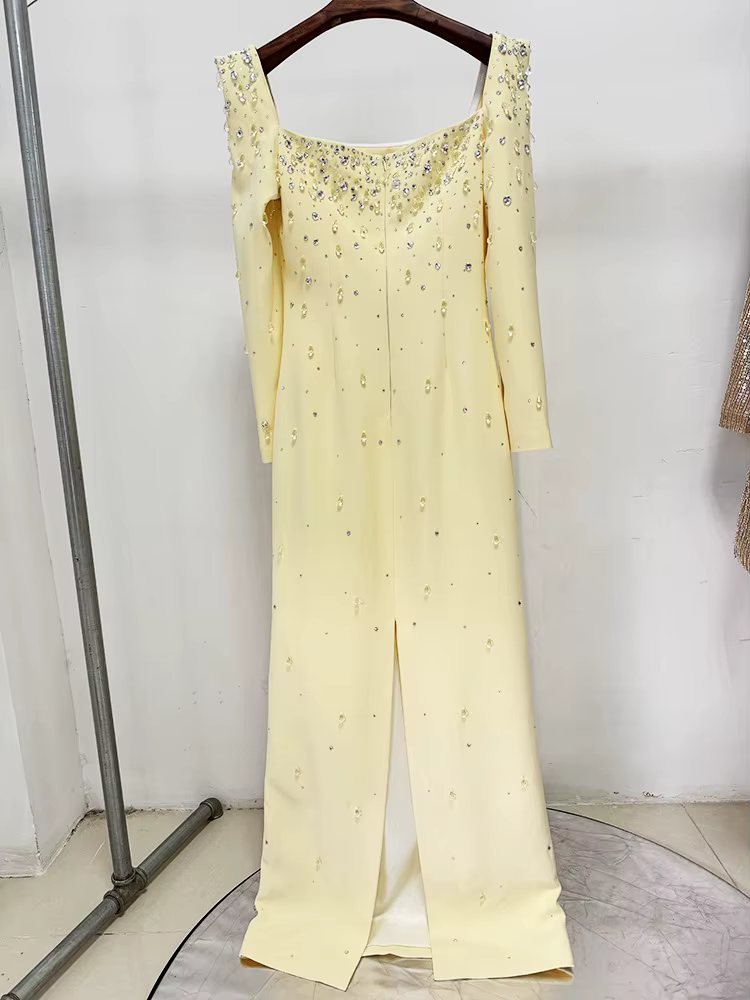 Robe longue maxi pour femme, col carré, perles et diamants, manches longues, nouvelle mode 2026, hau