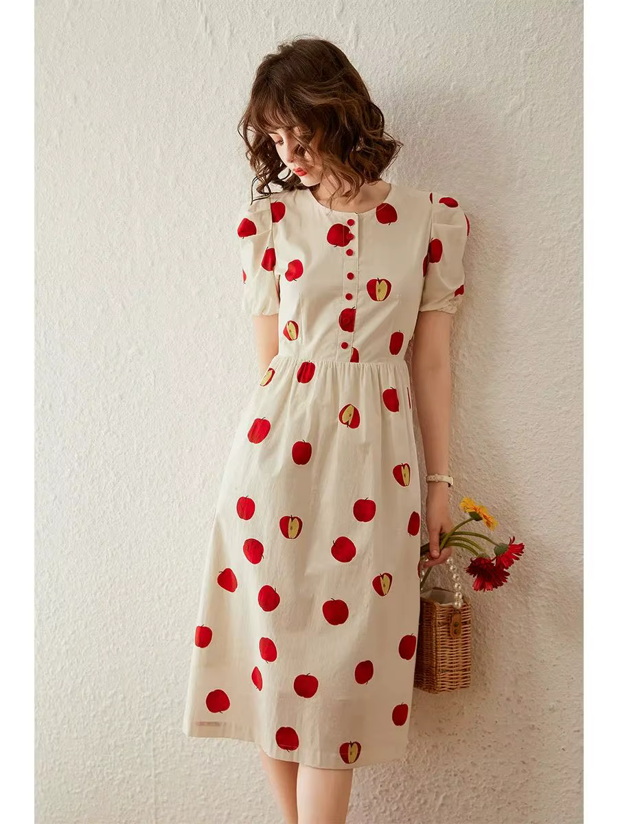 Modiis Yao-Robe longue trapèze pour femme, tenue élégante, imprimée pomme, col rond, manches courtes
