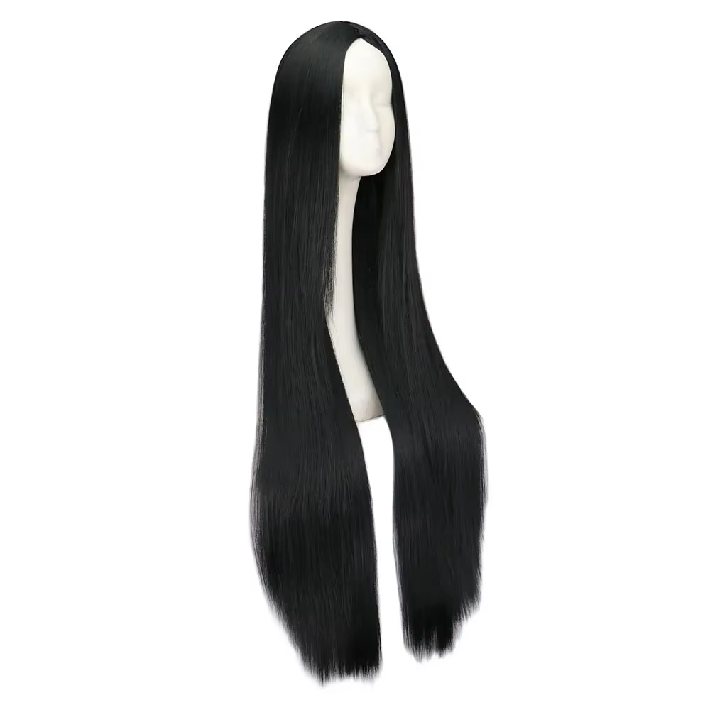 Perruque Synthétique Longue Noire de 100cm/40 ans, Cheveux Lisses, Degré de Chaleur, Costume de Carn