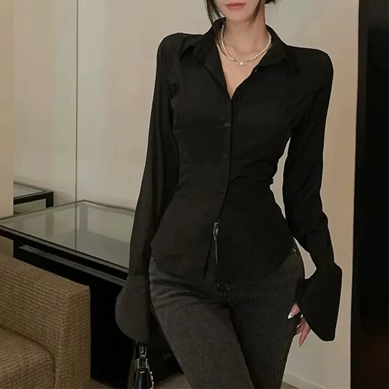 Chemisier slim à manches cloche pour femmes, chemises bandage coréennes, streetwear tout assressenti