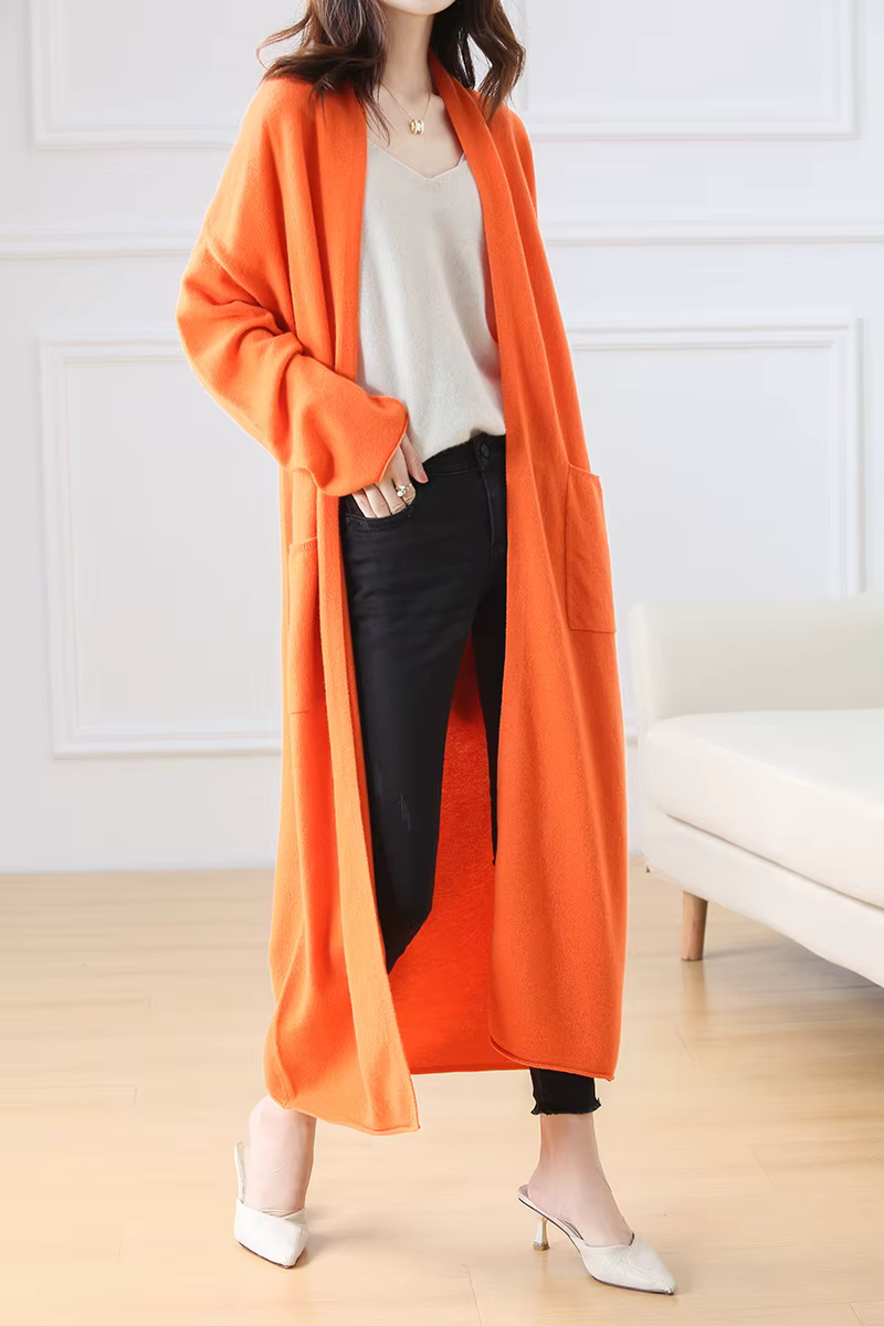 Cardigan en laine à col en V pour femme, pull 100% laine, monochromatique, mode féminine, long, tric