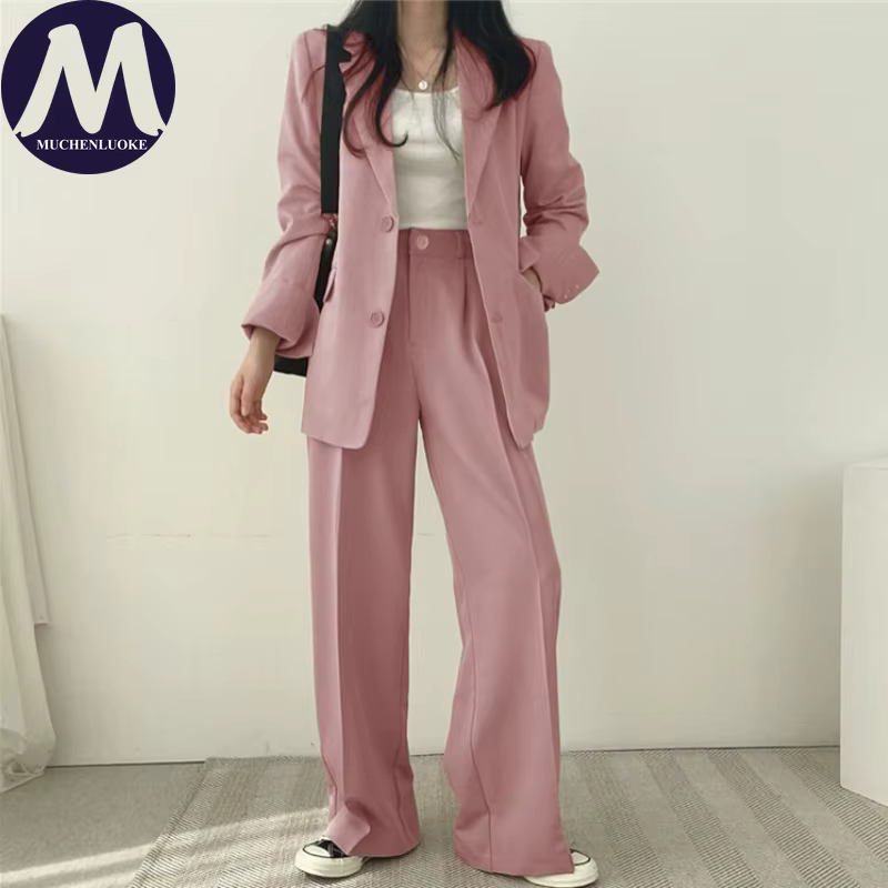 Ensemble deux pièces pour femmes, mode coréenne, blazer à manches longues et pantalon large, décontr