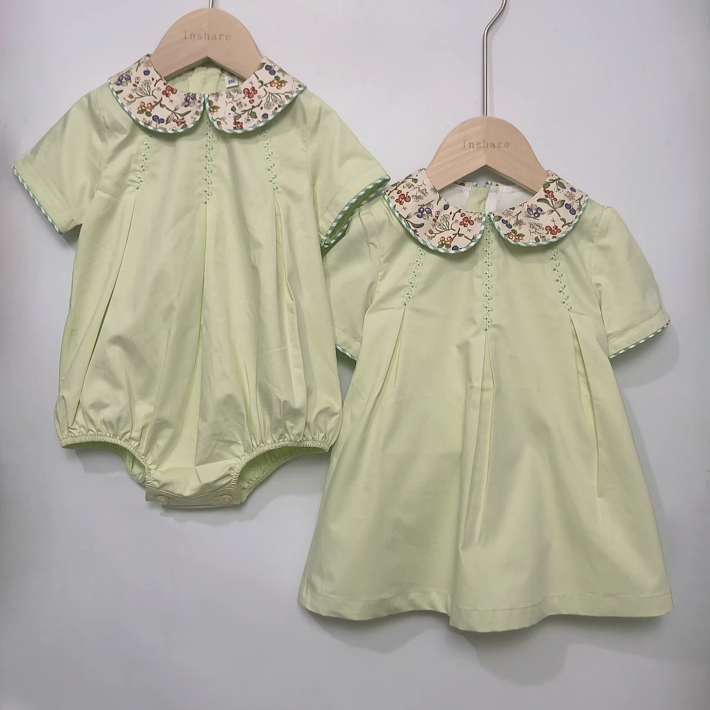 Vêtements de Boutique pour Enfant, Barboteuse à Manches Courtes en Coton Vert, Imprimé Floral, Col à