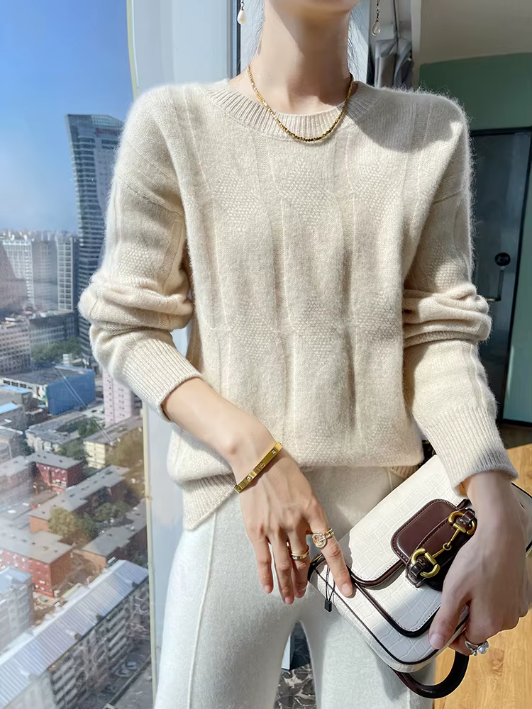 Pull à manches longues et col rond pour femme, 100% laine mérinos, couleur unie, décontracté, confor