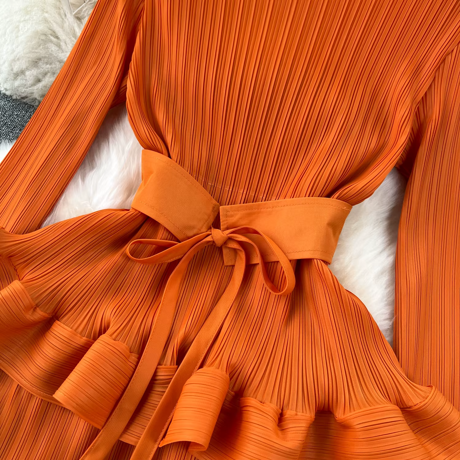 Robe trapèze en mousseline de soie plissée à volants pour femmes, manches longues, élégante, vintage