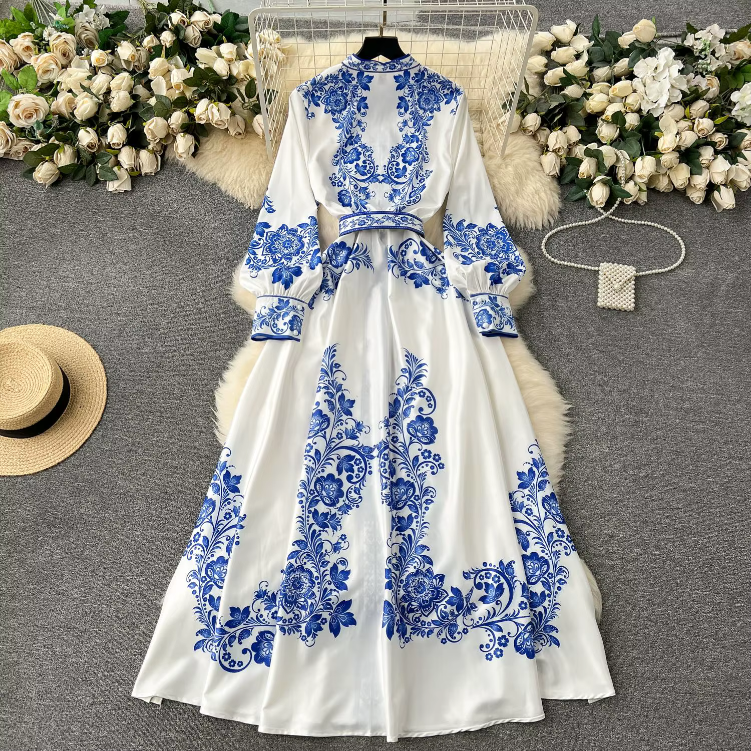 Robe en porcelaine rouge et blanche pour femmes, nouvelle mode, manches longues lanterne, imprimé Fl