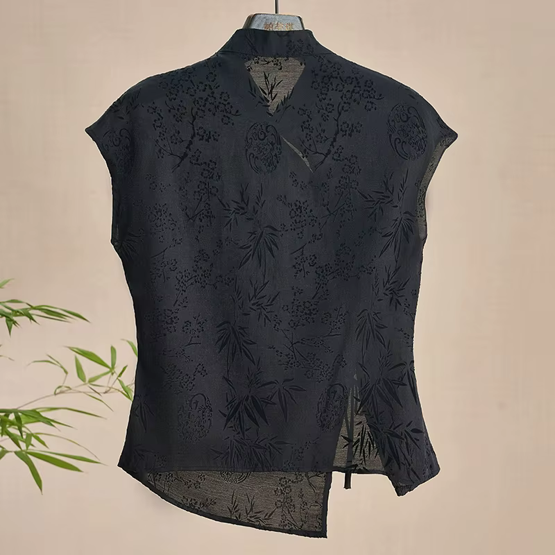 Chemise fine rétro nouveau Style chinois Cheongsam haut noir Jacquard T-shirt à manches courtes été