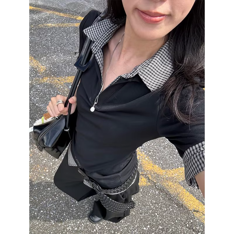 Genayooa américain rétro Patchwork chemise femmes demi manches chemises décontractées Y2k Vintage fa