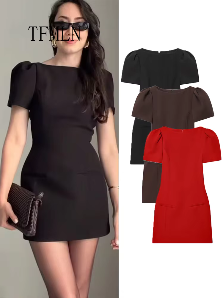 TFMLN femmes élégantes à manches courtes Mini robe coupe ajustée taille haute à manches courtes robe