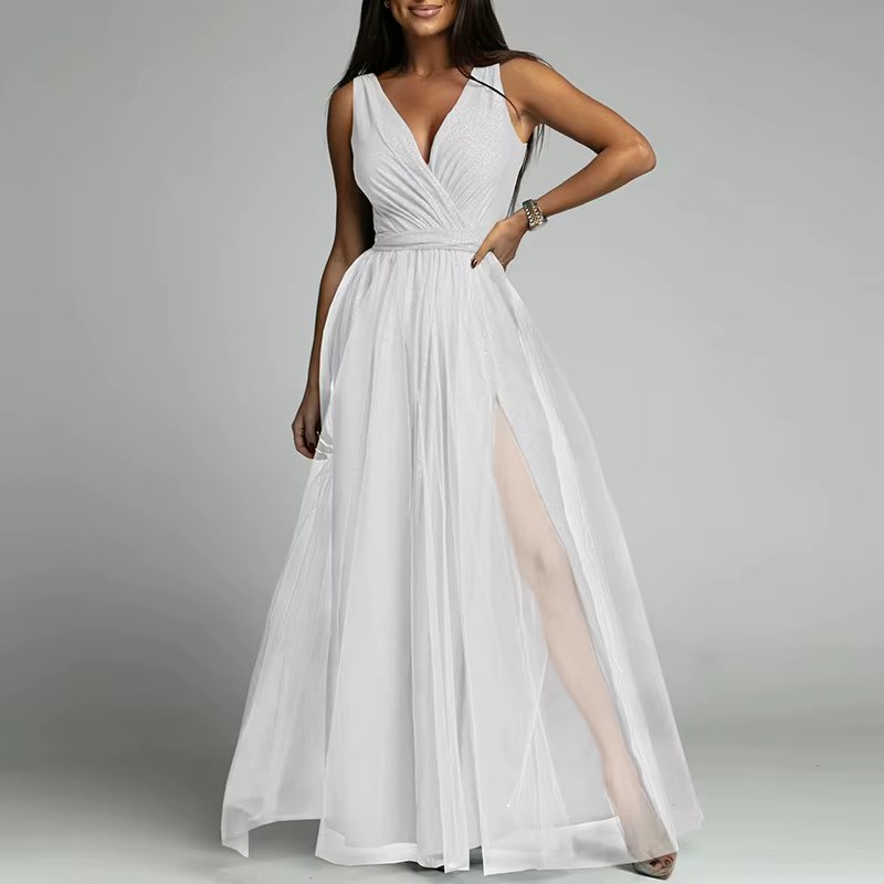 Robe de soirée en dentelle et maille pour femme, tenue de soirée Sexy sans manches, Maxi plis, col e