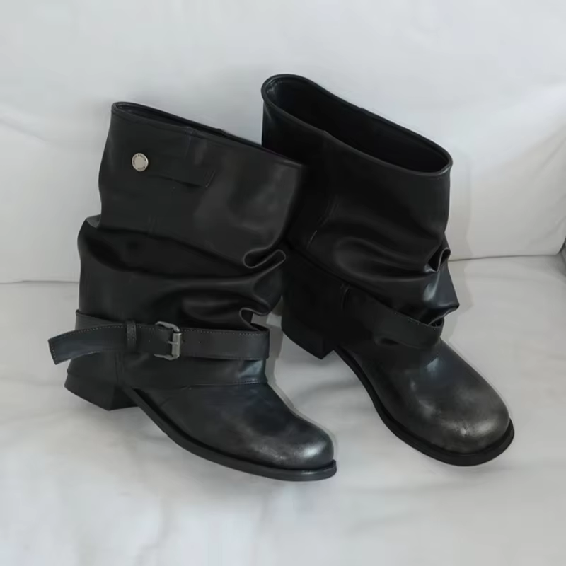 Bottes mi-mollet noires pour femmes, style décontracté, avec boucle, bout carré, talon épais, bottes