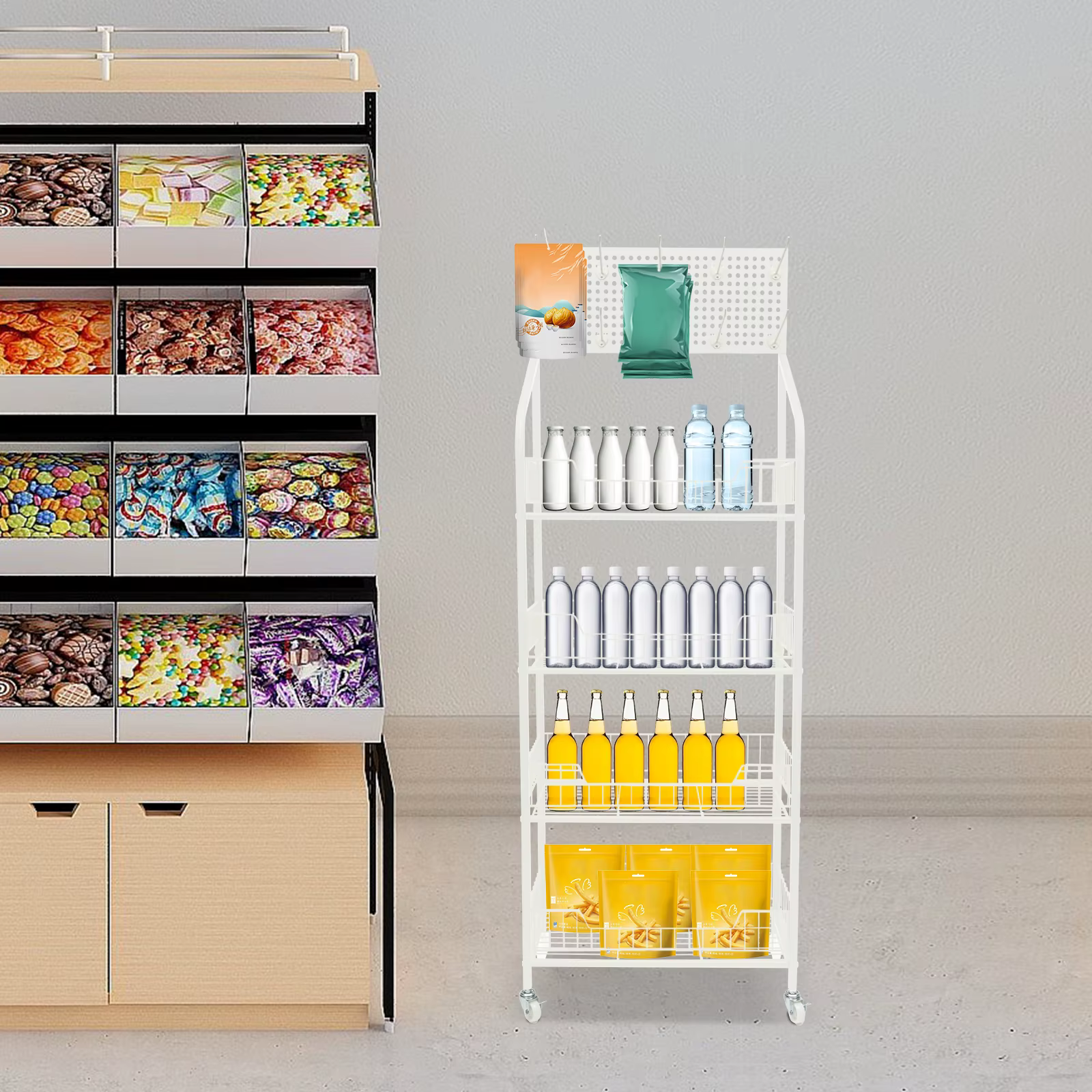 Présentoir de vente au détail T1, support de collation, présentoir de bonbons, panier blanc, chariot
