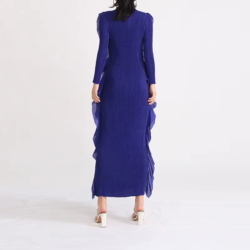 Robe longue de style français vintage, col montant, manches longues, haute élasticité, bouclier de c