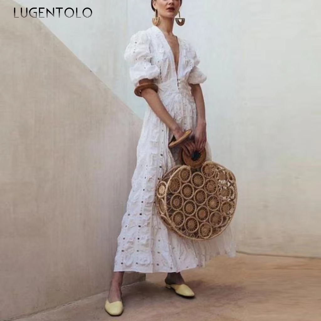 Lugentolo-Robe en dentelle blanche pour femme, manches courtes, col en V profond, mince, grande bala