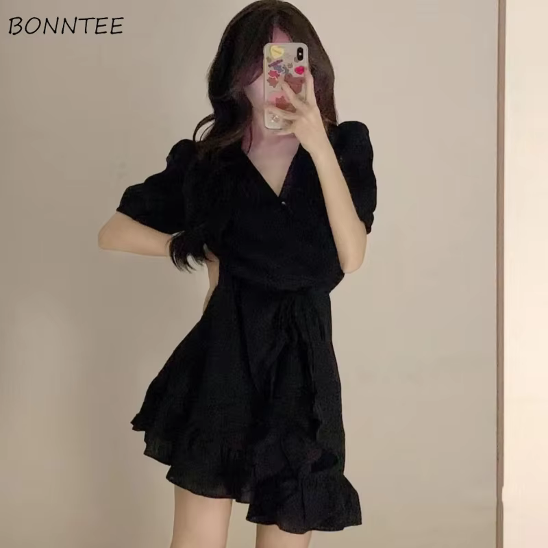 Mini robes monochromes pour femmes, col en V, sexy, intérieur, chic, doux, femme, wlwear, simple, va
