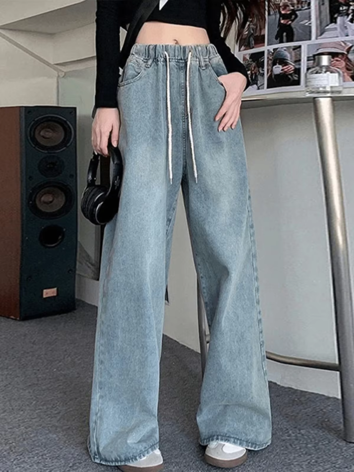 Botvotee taille haute taille large jean pour femmes ample droite bleu Long Denim pantalon femme mode