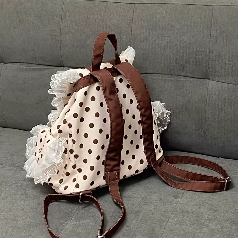 Sac à dos Preppy à pois avec nœud décoratif en dentelle, plusieurs poches, grande capacité, sac simp