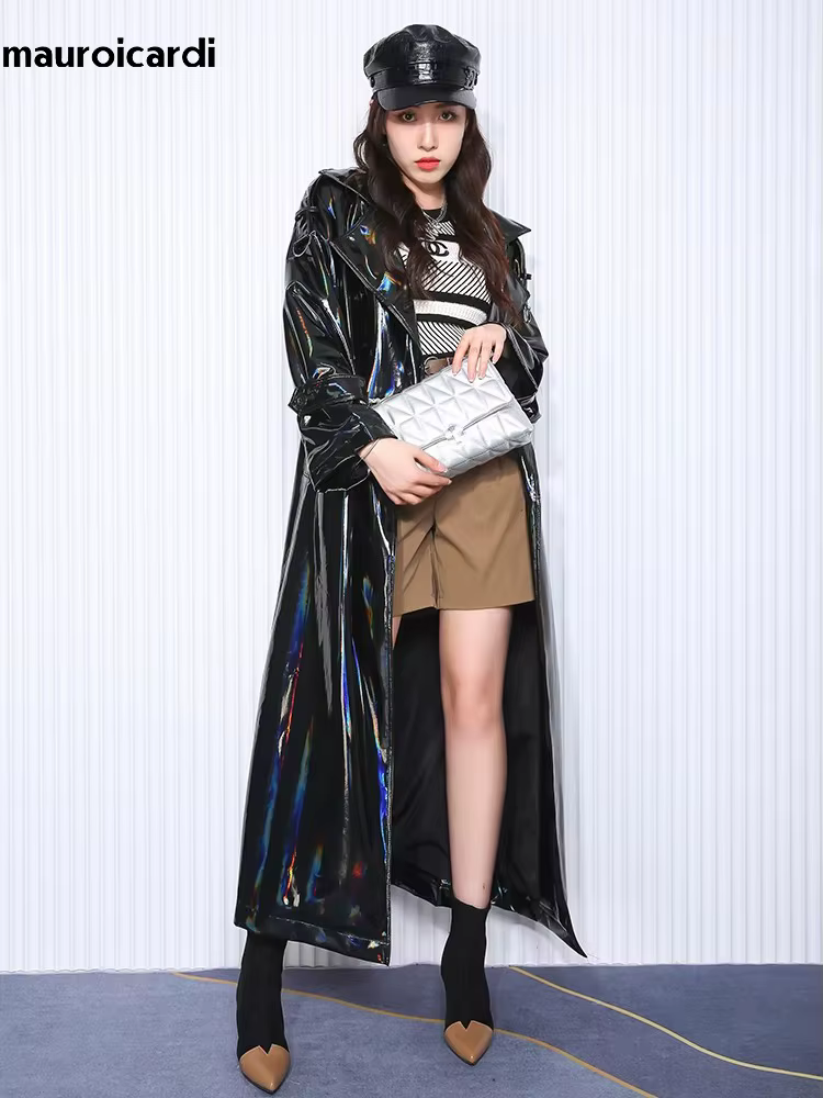 Mauroicardi printemps doux mince fluide brillant réfléchissant holographique noir PVC Faux cuir Tren