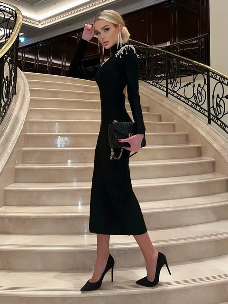 Ahagaga mode évider femmes Maxi Robes Sexy solide dos nu décontracté col roulé mince élégant moulant