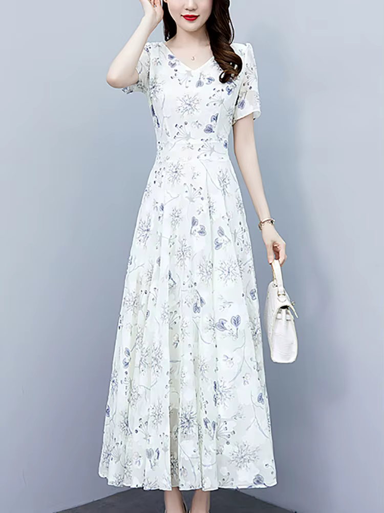 Robe longue à fleurs blanches, style boho décontracté, tenue de plage, vacances, manches courtes, él