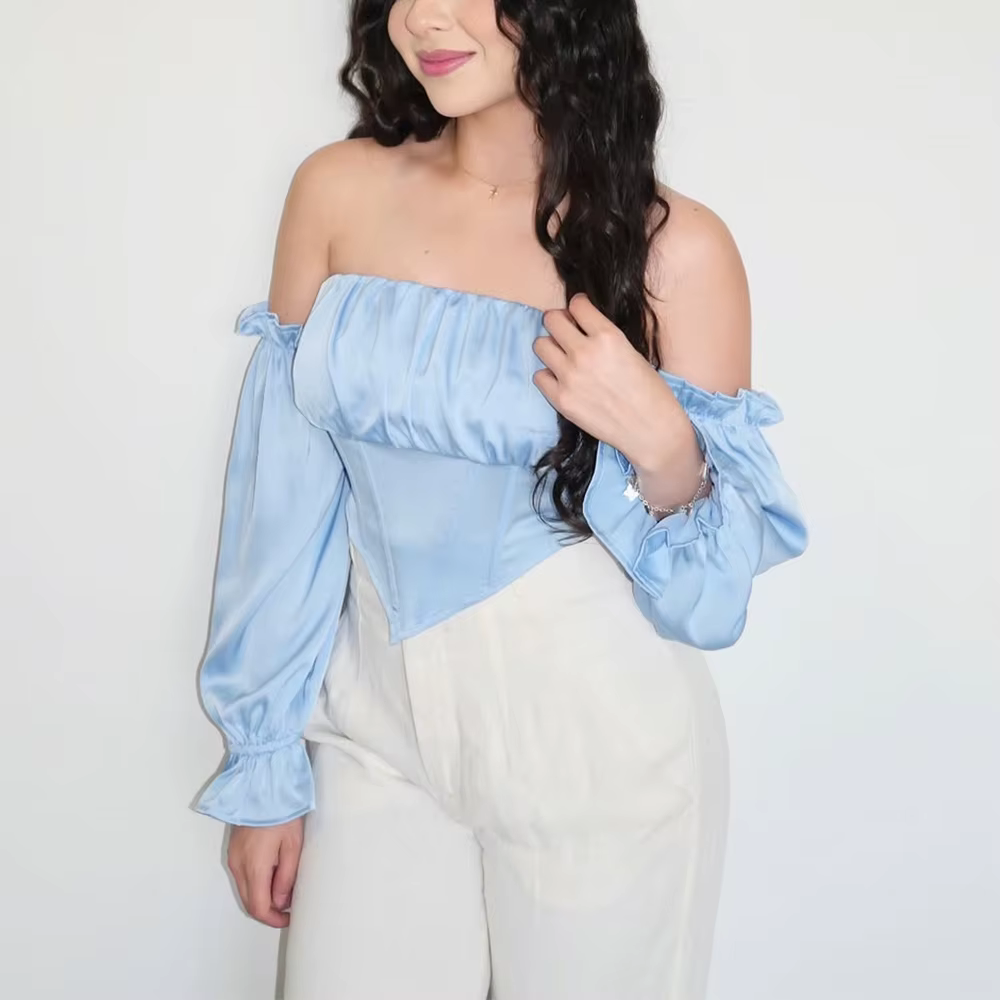Haut court en satin bleu ciel clair sans bretelles avec manches longues, tenue formelle pour femmes,